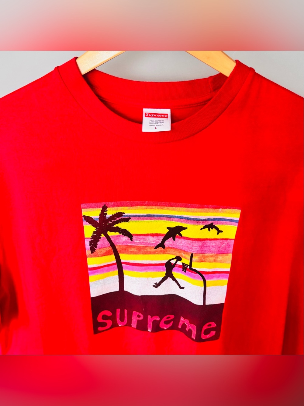 Supreme Dunk Tee Red SS21 Joe Roberts Palm Tree Dolphins Size L Men’s Preowned
